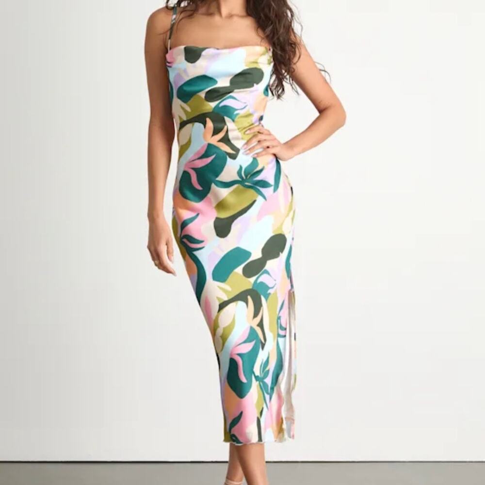 Lulus Midiana Multi Abstract Floral Satin Tie Back Midi Dress Women's XS Green